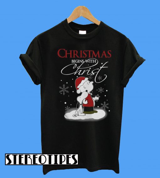 Snoopy And Charlie Brown Christmas Begins With Christ T-Shirt