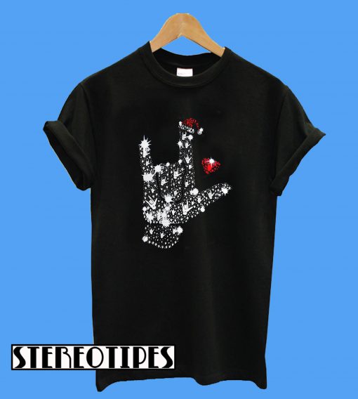 Rock on hand sign Rhinestone Christmas T-Shirt