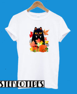 Black Halloween Kitty And Pumpkins T-Shirt